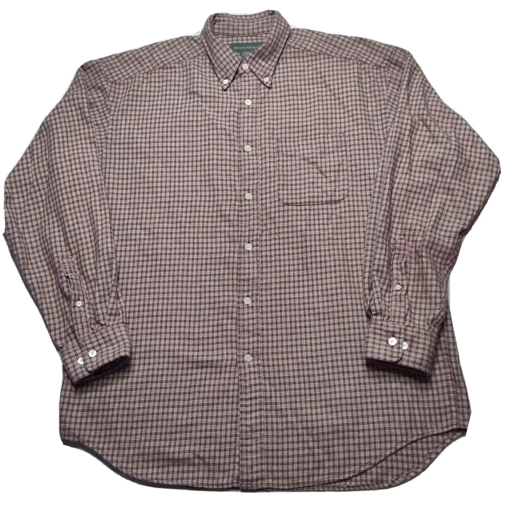 BANANA REPUBLIC Men Large Burgundy Check Medium-Weight Cotton Button Shirt